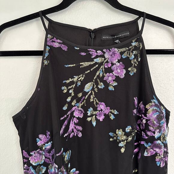 White House Black Market Floral Sequins Purple High Neck Cocktail Mini Dress 2 - Picture 8 of 9